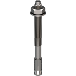 A metal through bolt anchor with a hex nut and washer, featuring a threaded shaft and expansion sleeve, designed for securing heavy loads to concrete or masonry surfaces.