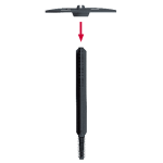 A black razor head is positioned above a black razor handle with a red downward arrow between them, indicating assembly. The background is light gray.