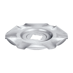 A silver, circular metal cutting blade with six sharp, angled edges and a central cut-out, displayed on a white background.