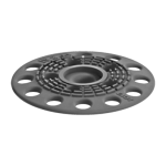 A round, black plastic disk with a raised center, patterned surface, and evenly spaced circular holes around its edge, shown on a plain white background.