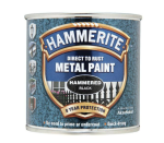 A 250ml tin of Hammerite direct-to-rust hammered-finish metal paint in black, with a textured decorative surface and built-in rust inhibitor, requiring no primer.