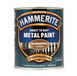 A tin of Hammerite Direct to Rust Metal Paint in Hammered Copper finish, showing the label with a fence graphic and text indicating 8-year protection and no need to prime or undercoat.