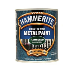 A 750ml tin of Hammerite direct-to-rust hammered-finish metal paint in green, with a textured decorative surface and built-in rust inhibitor, requiring no primer.