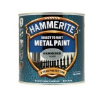 A 250ml tin of Hammerite direct-to-rust hammered-finish metal paint in silver, with a textured decorative surface and built-in rust inhibitor, requiring no primer.