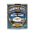 A 750ml tin of Hammerite direct-to-rust hammered-finish metal paint in white, with a textured decorative surface and built-in rust inhibitor, requiring no primer.