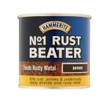 A can of Hammerite No. 1 Rust Beater in brown. The label reads, Treats Rusty Metal, Kills rust, primes & undercoats, and Apply directly onto rusty metal.