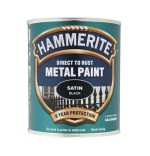 A 750ml tin of Hammerite satin-finish metal paint in black, for protecting and decorating metal surfaces.