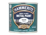 A 750ml tin of Hammerite satin-finish metal paint in white, for protecting and decorating metal surfaces.
