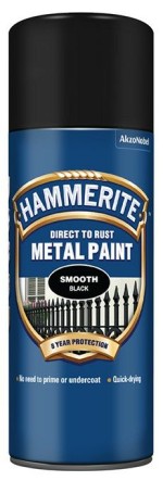 A 400ml tin of Hammerite smooth-finish metal paint in black, for protecting and decorating metal surfaces.