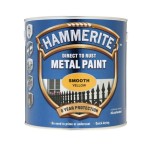 A 25l tin of Hammerite smooth-finish metal paint in yellow, for protecting and decorating metal surfaces.