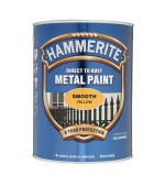 A 5l tin of Hammerite smooth-finish metal paint in yellow, for protecting and decorating metal surfaces.