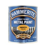 A 750ml tin of Hammerite smooth-finish metal paint in yellow, for protecting and decorating metal surfaces.