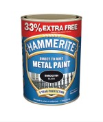 A 750ml tin of Hammerite smooth-finish metal paint in silver, for protecting and decorating metal surfaces.