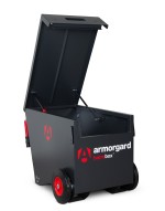 A steel Armorgard heavy-duty site storage unit with a steel construction, secure locking, and a load-rated base.
