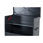 A steel metal shelving unit with adjustable shelf heights and a robust welded steel frame, for organised storage in workshops and site cabins.