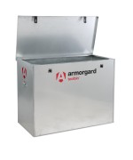 A steel Armorgard heavy-duty site storage unit with a steel construction, secure locking, and a load-rated base.