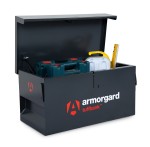 A steel Armorgard heavy-duty site storage unit with a steel construction, secure locking, and a load-rated base.