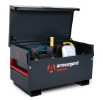 A steel Armorgard heavy-duty site storage unit with a steel construction, secure locking, and a load-rated base.