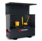 A steel Armorgard heavy-duty site storage unit with a steel construction, secure locking, and a load-rated base.