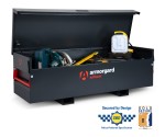 A steel Armorgard heavy-duty site storage unit with a steel construction, secure locking, and a load-rated base.
