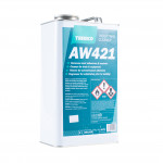 A 5-liter rectangular metal can of Tremco AW421 Industrial Cleaner with a blue and white label, safety icons, and a screw cap on top. The label lists it as a cleaner, thinner, and degreaser.
