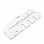 A flat, white router jig template with multiple holes, slots, and cut-out sections, designed for woodworking and precise routing tasks, shown on a white background.