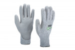 Two grey protective work gloves are displayed upright, with one glove showing the palm and the other showing the back with safety certification labels. The gloves have a textured surface and elastic cuffs.