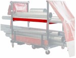 A steel metal shelving unit with adjustable shelf heights and a robust welded steel frame, for organised storage in workshops and site cabins.