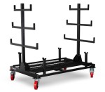 A steel metal shelving unit with adjustable shelf heights and a robust welded steel frame, for organised storage in workshops and site cabins.