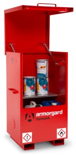 A steel Armorgard heavy-duty site storage unit with a steel construction, secure locking, and a load-rated base.