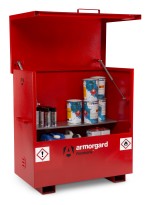A steel Armorgard heavy-duty site storage unit with a steel construction, secure locking, and a load-rated base.