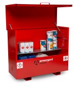 A steel Armorgard heavy-duty site storage unit with a steel construction, secure locking, and a load-rated base.