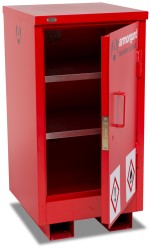 A steel Armorgard lockable flammable-liquids storage cabinet with double doors and sump containment, for safely storing hazardous substances on site.