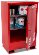A steel Armorgard lockable flammable-liquids storage cabinet with double doors and sump containment, for safely storing hazardous substances on site.