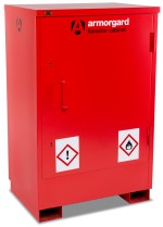 A steel Armorgard lockable flammable-liquids storage cabinet with double doors and sump containment, for safely storing hazardous substances on site.