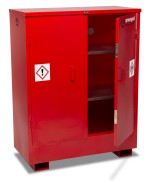A steel Armorgard lockable flammable-liquids storage cabinet with double doors and sump containment, for safely storing hazardous substances on site.