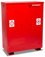 A steel Armorgard lockable flammable-liquids storage cabinet with double doors and sump containment, for safely storing hazardous substances on site.