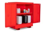 A steel Armorgard lockable flammable-liquids storage cabinet with double doors and sump containment, for safely storing hazardous substances on site.