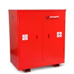 A steel Armorgard lockable flammable-liquids storage cabinet with double doors and sump containment, for safely storing hazardous substances on site.