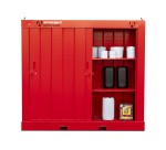 A steel Armorgard lockable flammable-liquids storage cabinet with double doors and sump containment, for safely storing hazardous substances on site.
