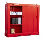 A steel Armorgard lockable flammable-liquids storage cabinet with double doors and sump containment, for safely storing hazardous substances on site.