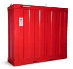 A steel Armorgard lockable flammable-liquids storage cabinet with double doors and sump containment, for safely storing hazardous substances on site.