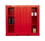A steel Armorgard lockable flammable-liquids storage cabinet with double doors and sump containment, for safely storing hazardous substances on site.