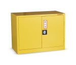 A steel Armorgard lockable flammable-liquids storage cabinet with double doors and sump containment, for safely storing hazardous substances on site.