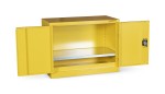 A steel Armorgard lockable flammable-liquids storage cabinet with double doors and sump containment, for safely storing hazardous substances on site.
