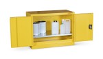 A steel Armorgard lockable flammable-liquids storage cabinet with double doors and sump containment, for safely storing hazardous substances on site.