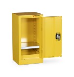 A steel Armorgard lockable flammable-liquids storage cabinet with double doors and sump containment, for safely storing hazardous substances on site.