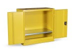 A steel Armorgard lockable flammable-liquids storage cabinet with double doors and sump containment, for safely storing hazardous substances on site.