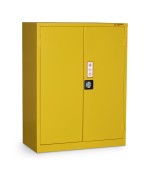 A steel Armorgard lockable flammable-liquids storage cabinet with double doors and sump containment, for safely storing hazardous substances on site.