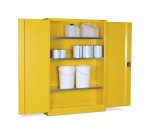 A steel Armorgard lockable flammable-liquids storage cabinet with double doors and sump containment, for safely storing hazardous substances on site.
